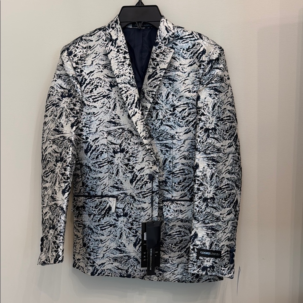 Navy, Cream and Silver Abstract Blazer with Notched Lapels
